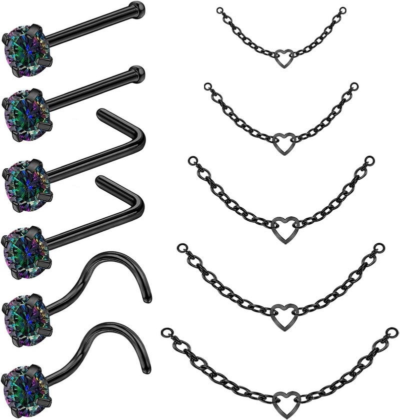 AccGin Store 20G Nose Rings Studs with Chain Piercing Across Double Nose Stud Nose Hoop Spike Heart Ball CZ Surgical Steel Nostril Piercing Jewelry for Women Men, Black Silver Gold - Image 1